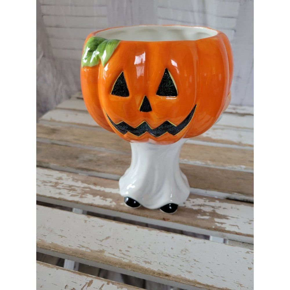 Galerie pumpkin candy dish ghost Halloween decor ceramic vintage new‎